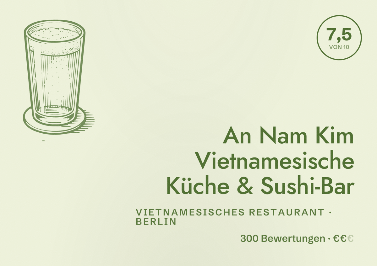 Illustriertes Poster von An Nam Kim Vietnamesische Küche & Sushi-Bar, Vietnamesisches Restaurant in Berlin: Bewertung 7,5 von 10 aus 300 Bewertungen, Preisniveau €€