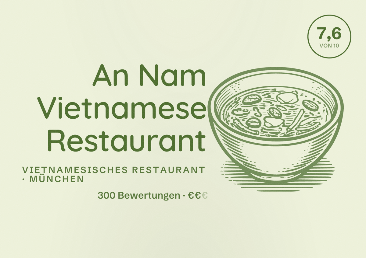 Illustriertes Poster von An Nam Vietnamese Restaurant, Vietnamesisches Restaurant in München: Bewertung 7,6 von 10 aus 300 Bewertungen, Preisniveau €€