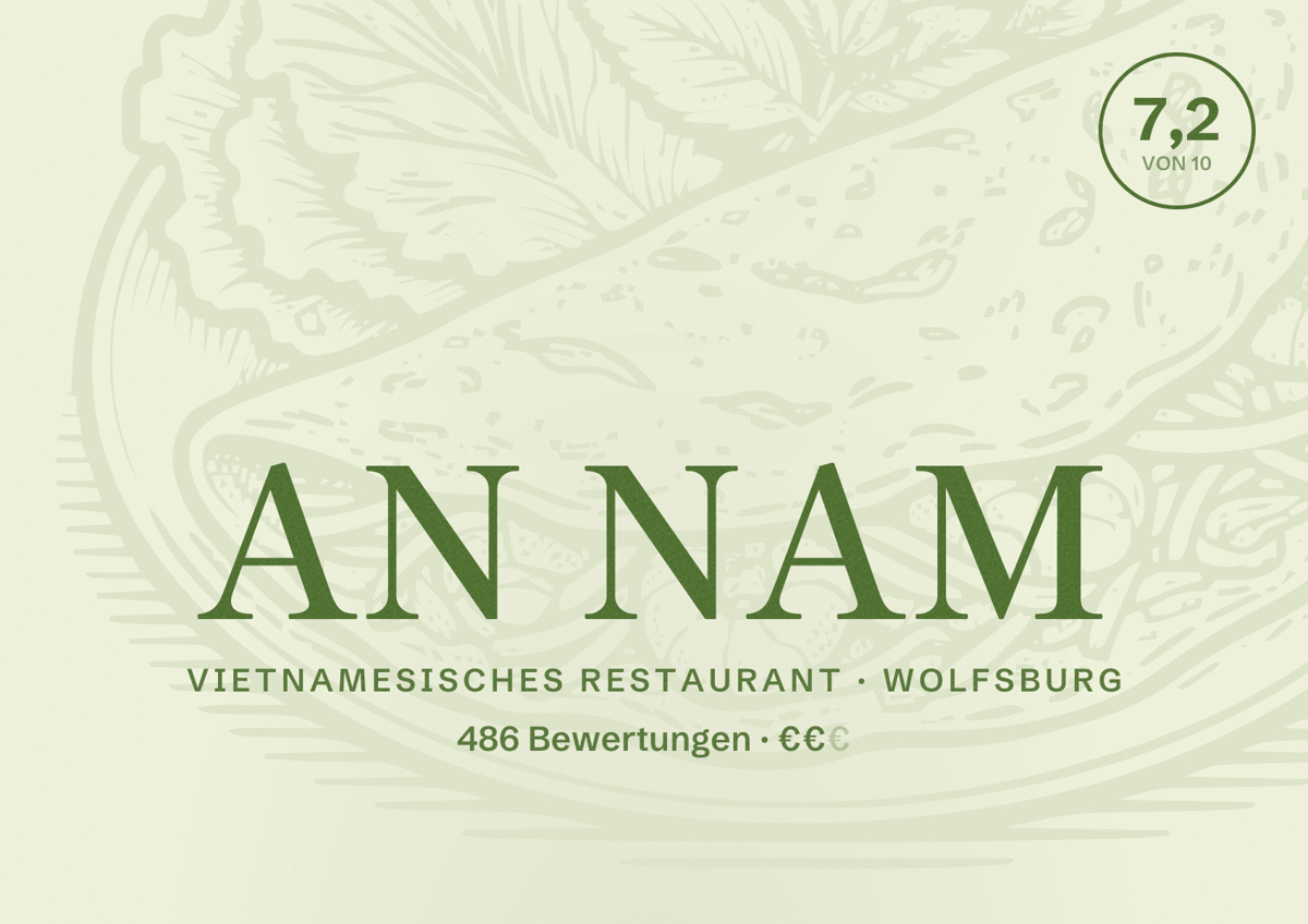 Illustriertes Poster von AN NAM, Vietnamesisches Restaurant in Wolfsburg: Bewertung 7,2 von 10 aus 486 Bewertungen, Preisniveau €€