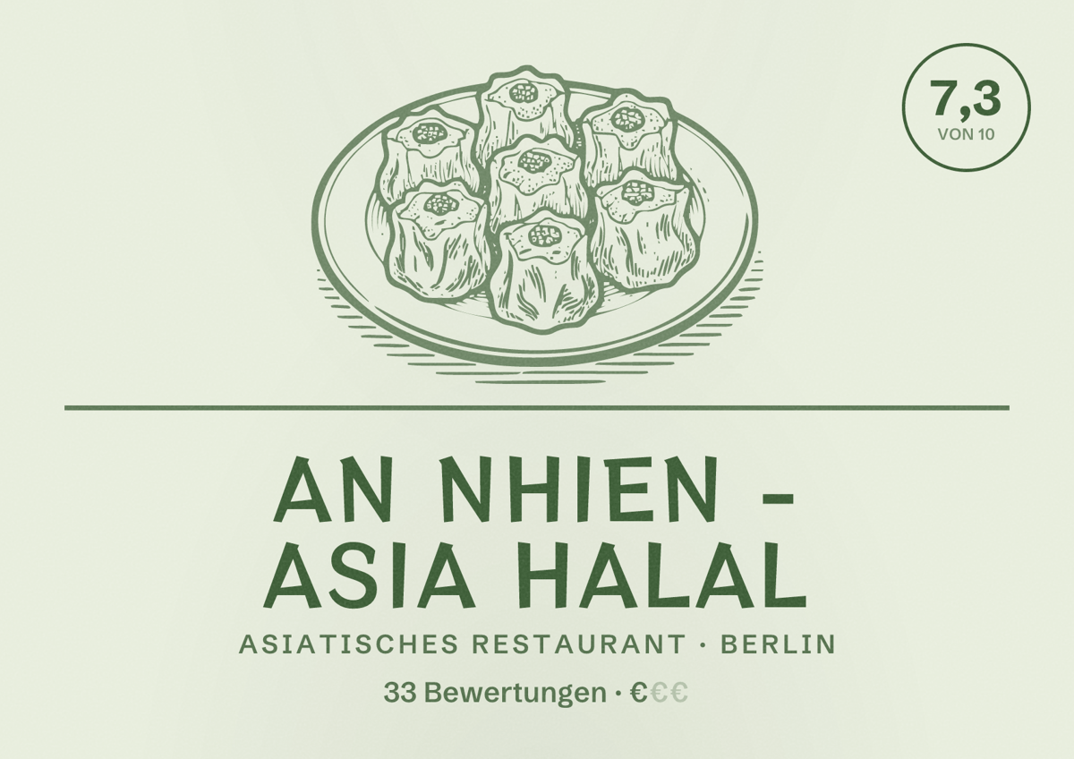 Illustriertes Poster von An Nhien - Asia Halal, Asiatisches Restaurant in Berlin: Bewertung 7,3 von 10 aus 33 Bewertungen, Preisniveau €