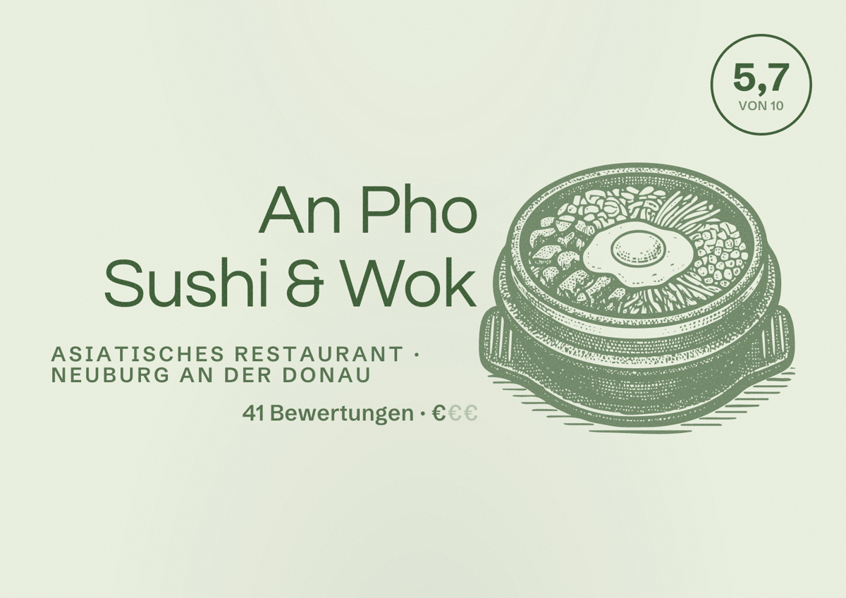 Illustriertes Poster von An Pho Sushi & Wok, Asiatisches Restaurant in Neuburg an der Donau: Bewertung 5,7 von 10 aus 41 Bewertungen, Preisniveau €