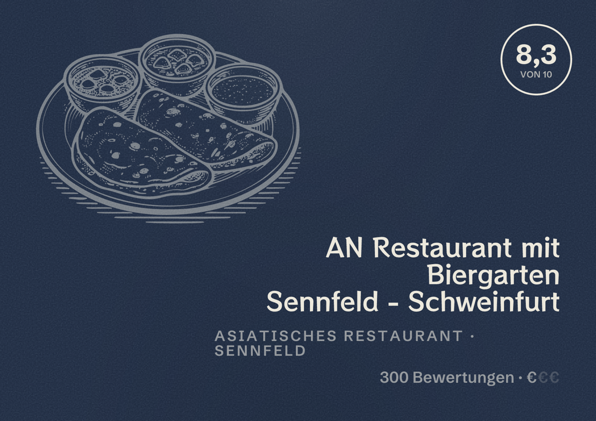 Illustriertes Poster von AN Restaurant mit Biergarten Sennfeld - Schweinfurt, Asiatisches Restaurant in Sennfeld: Bewertung 8,3 von 10 aus 300 Bewertungen, Preisniveau €