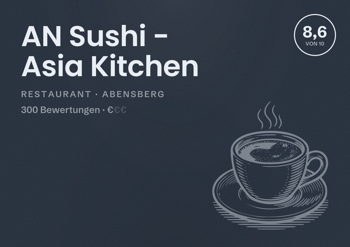 Illustriertes Poster von AN Sushi - Asia Kitchen, Restaurant in Abensberg: Bewertung 8,6 von 10 aus 300 Bewertungen, Preisniveau €