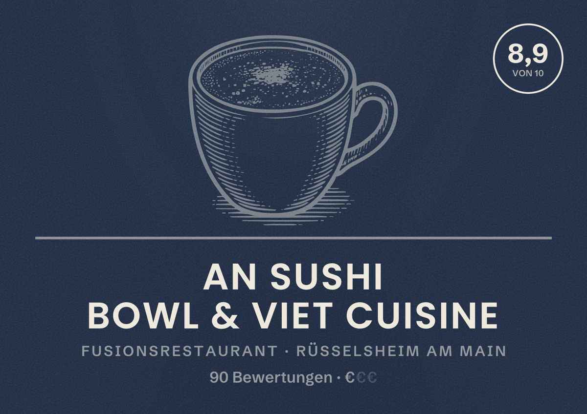 Illustriertes Poster von AN Sushi Bowl & Viet Cuisine, Fusionsrestaurant in Rüsselsheim am Main: Bewertung 8,9 von 10 aus 90 Bewertungen, Preisniveau €
