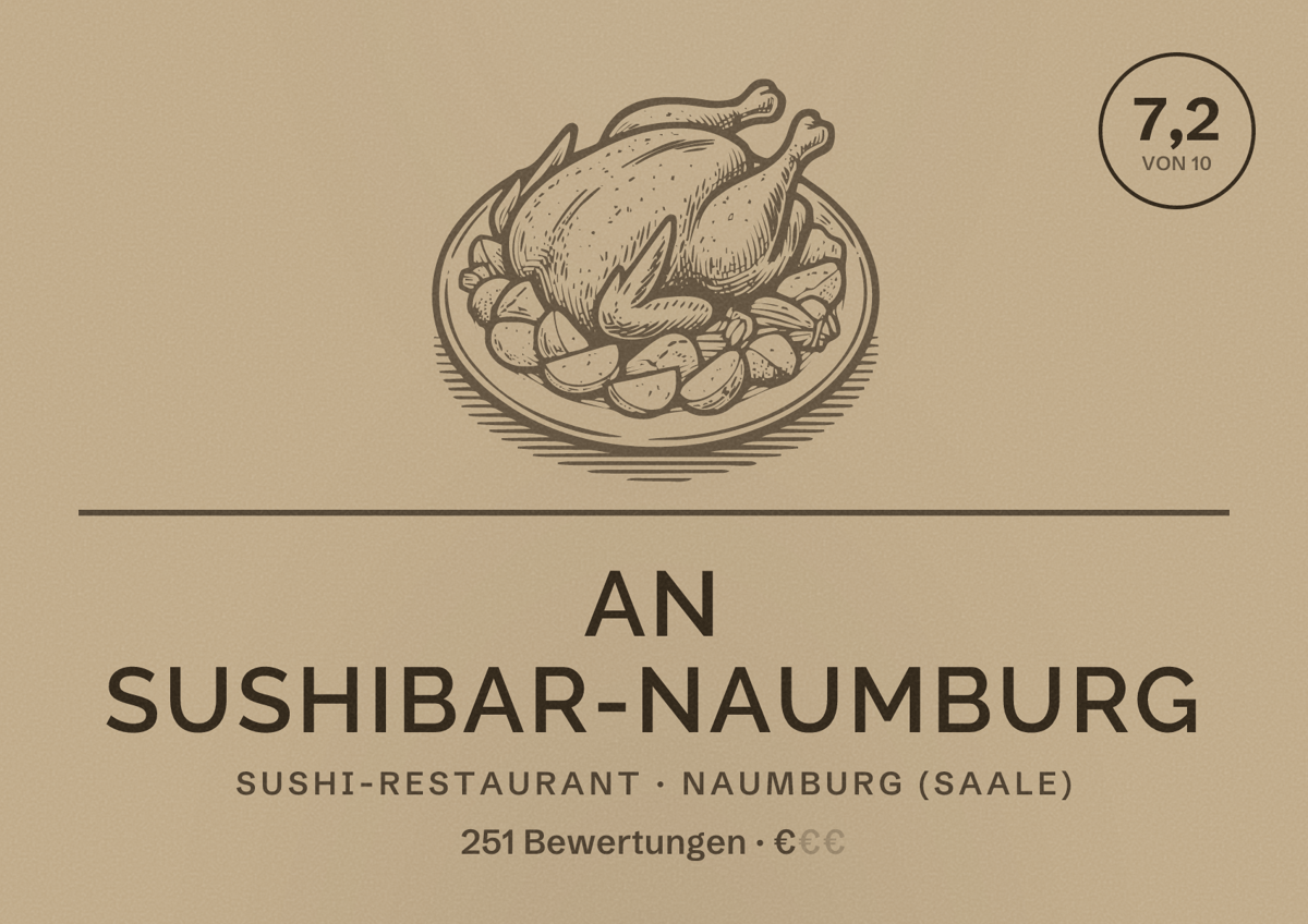 Illustriertes Poster von an sushibar-naumburg, Sushi-Restaurant in Naumburg (Saale): Bewertung 7,2 von 10 aus 251 Bewertungen, Preisniveau €
