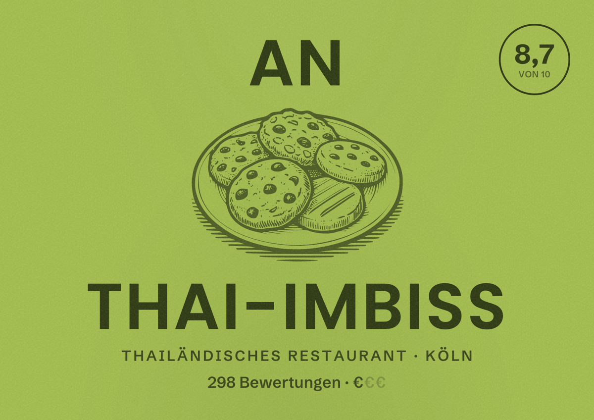 Illustriertes Poster von An Thai-Imbiss, Thailändisches Restaurant in Köln: Bewertung 8,7 von 10 aus 298 Bewertungen, Preisniveau €
