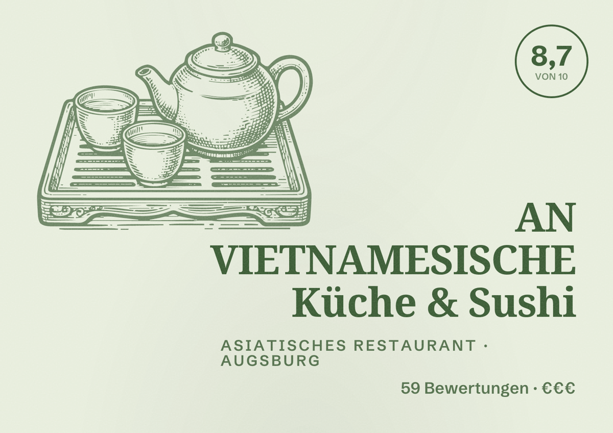 Illustriertes Poster von AN VIETNAMESISCHE Küche & Sushi, Asiatisches Restaurant in Augsburg: Bewertung 8,7 von 10 aus 59 Bewertungen, Preisniveau €€€