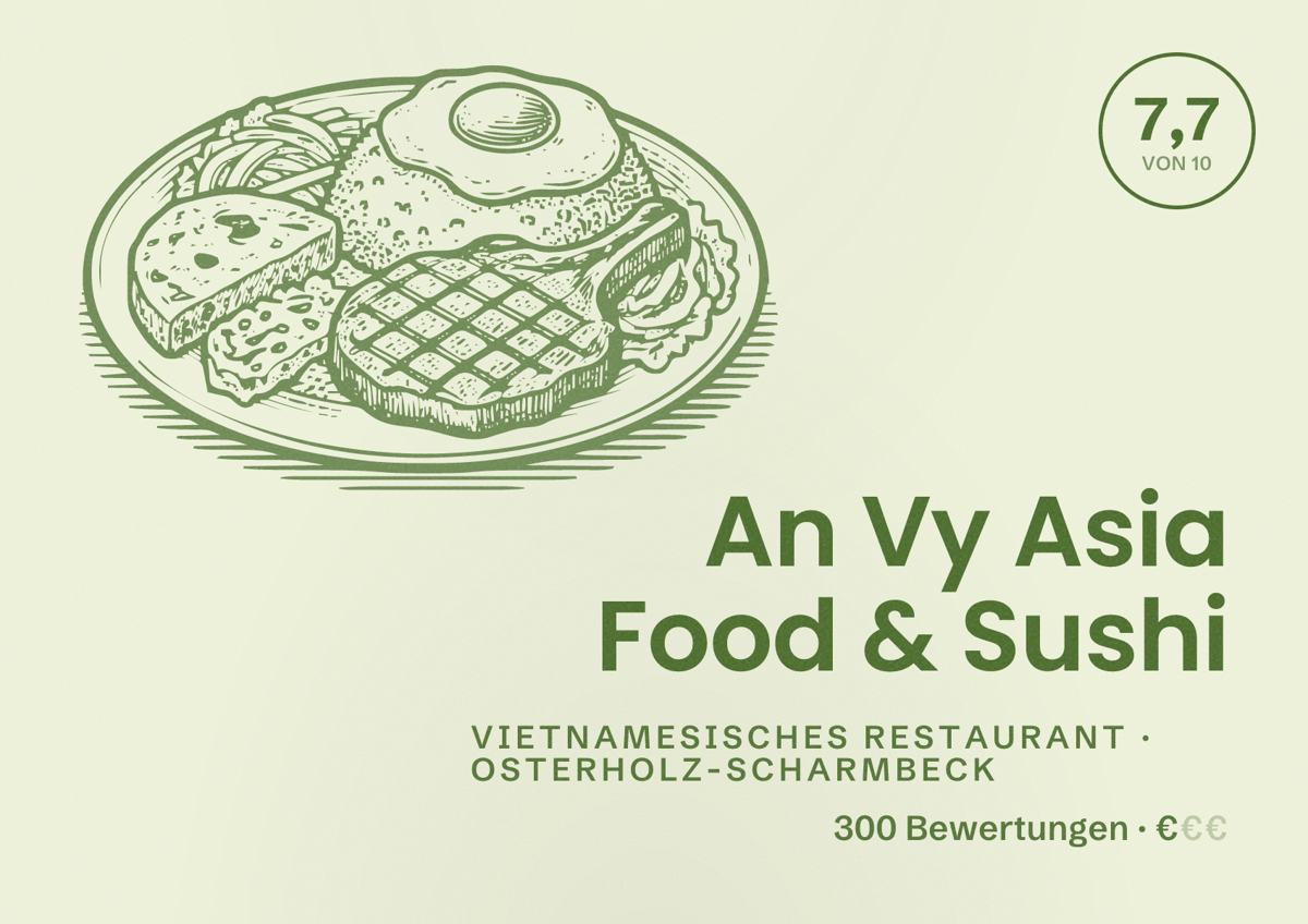 Illustriertes Poster von An Vy Asia Food & Sushi, Vietnamesisches Restaurant in Osterholz-Scharmbeck: Bewertung 7,7 von 10 aus 300 Bewertungen, Preisniveau €
