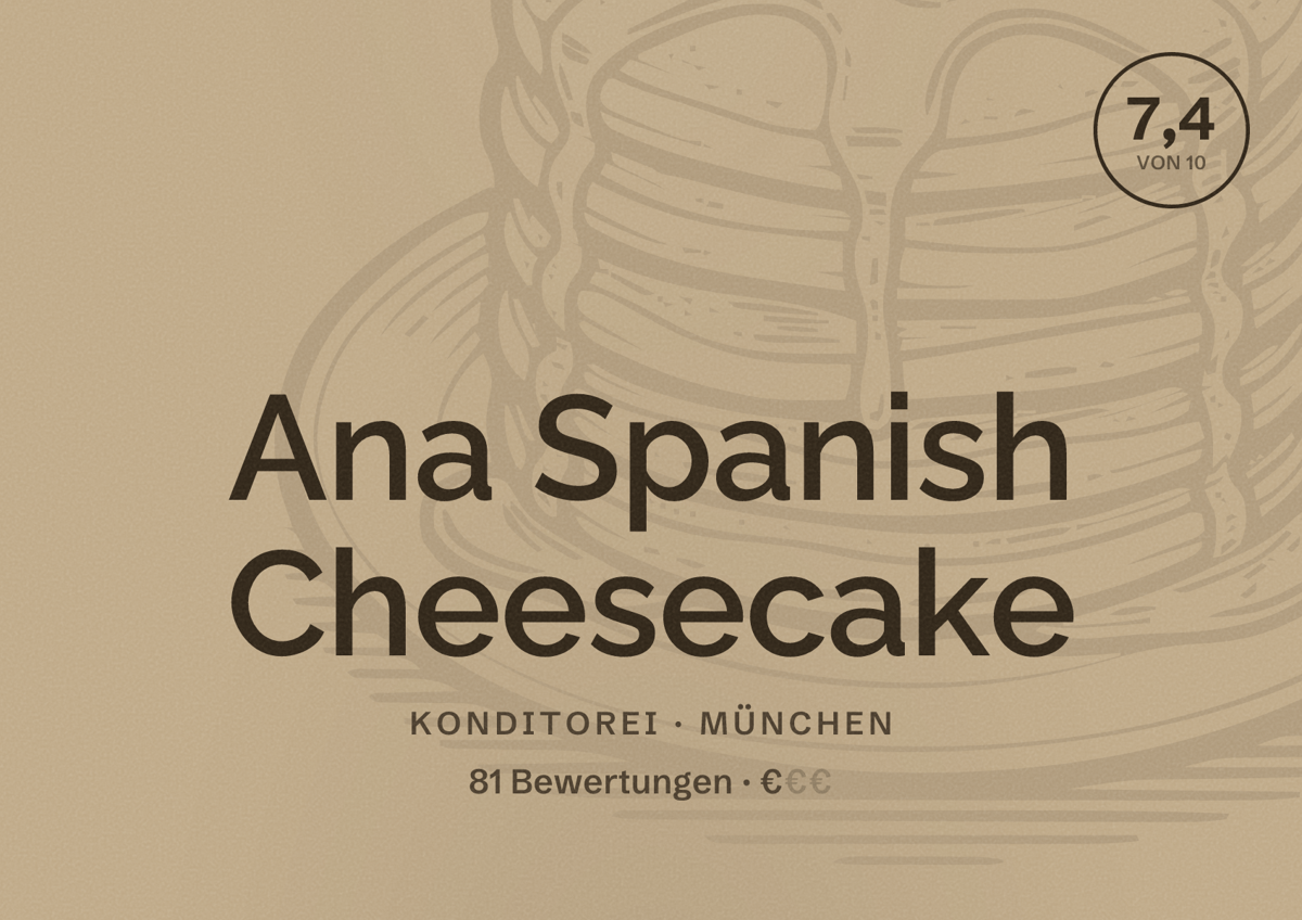 Illustriertes Poster von Ana Spanish Cheesecake, Konditorei in München: Bewertung 7,4 von 10 aus 81 Bewertungen, Preisniveau €