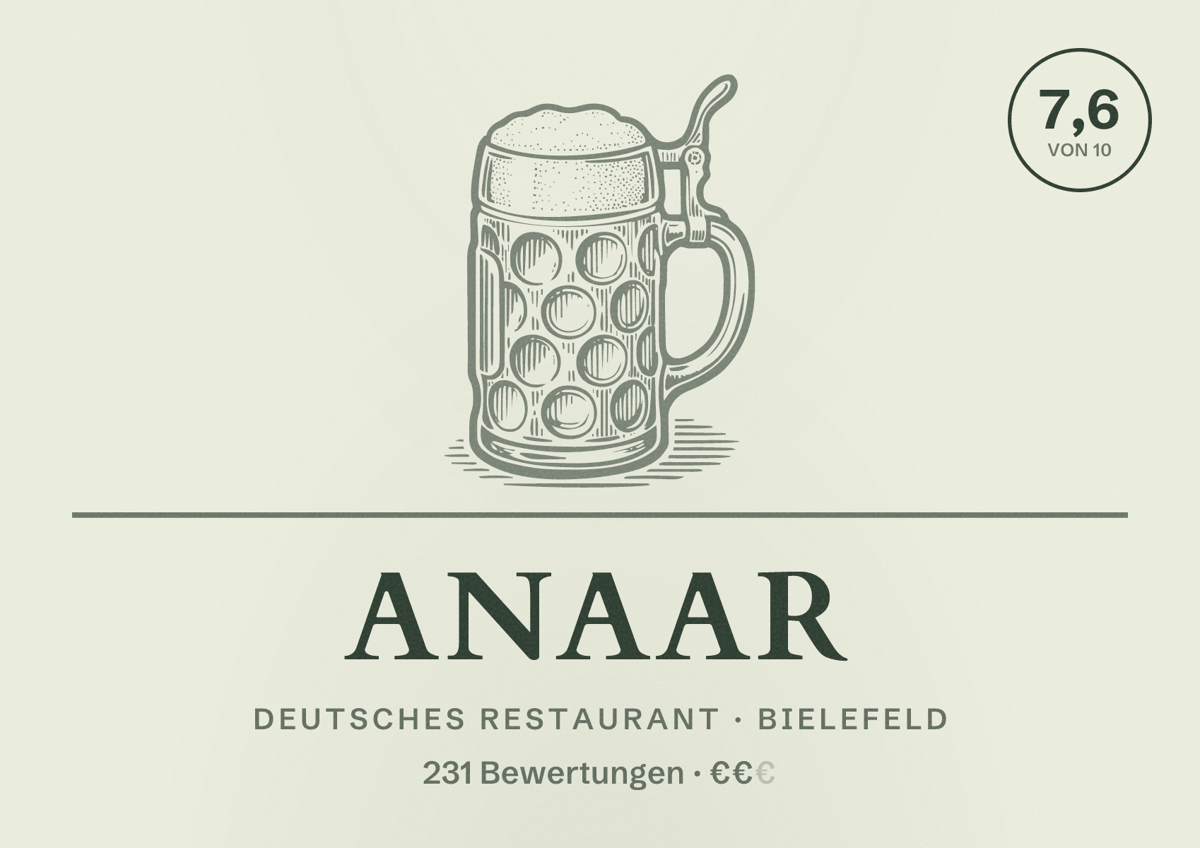 Illustriertes Poster von ANAAR, Deutsches Restaurant in Bielefeld: Bewertung 7,6 von 10 aus 231 Bewertungen, Preisniveau €€