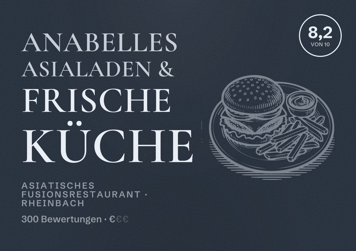 Illustriertes Poster von Anabelles Asialaden & Frische Küche, Asiatisches Fusionsrestaurant in Rheinbach: Bewertung 8,2 von 10 aus 300 Bewertungen, Preisniveau €