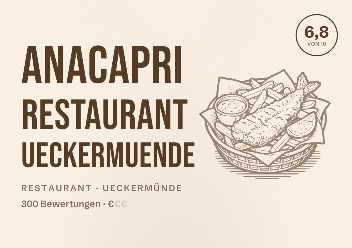 Illustriertes Poster von Anacapri Restaurant Ueckermuende, Restaurant in Ueckermünde: Bewertung 6,8 von 10 aus 300 Bewertungen, Preisniveau €