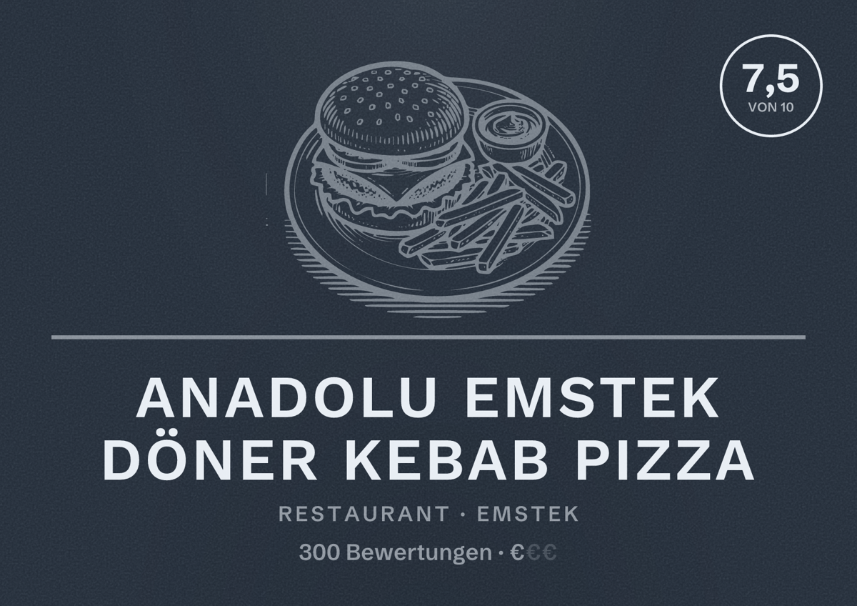 Illustriertes Poster von Anadolu Emstek Döner Kebab Pizza, Restaurant in Emstek: Bewertung 7,5 von 10 aus 300 Bewertungen, Preisniveau €