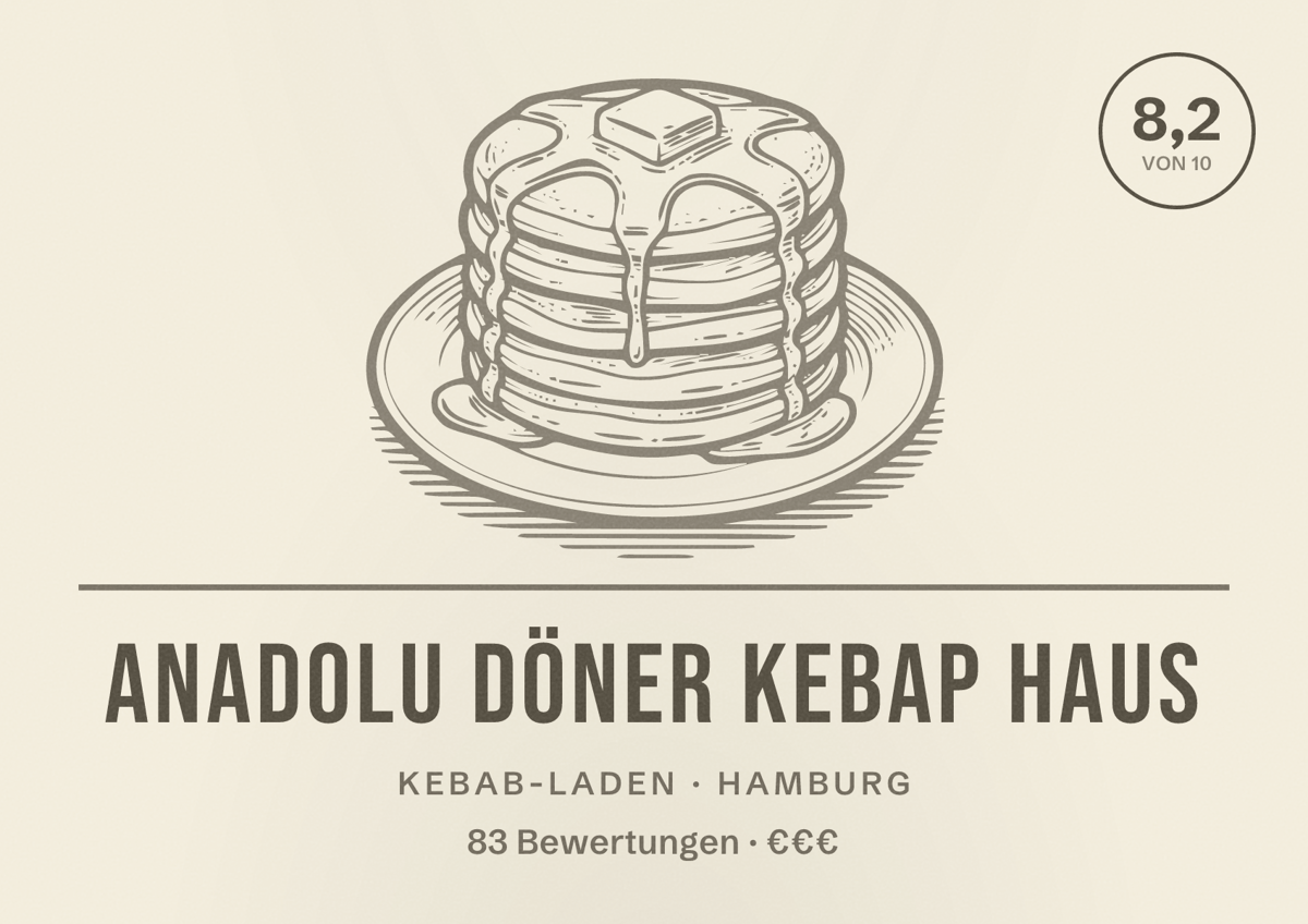 Illustriertes Poster von Anadolu Döner Kebap Haus, Kebab-Laden in Hamburg: Bewertung 8,2 von 10 aus 83 Bewertungen, Preisniveau €€€
