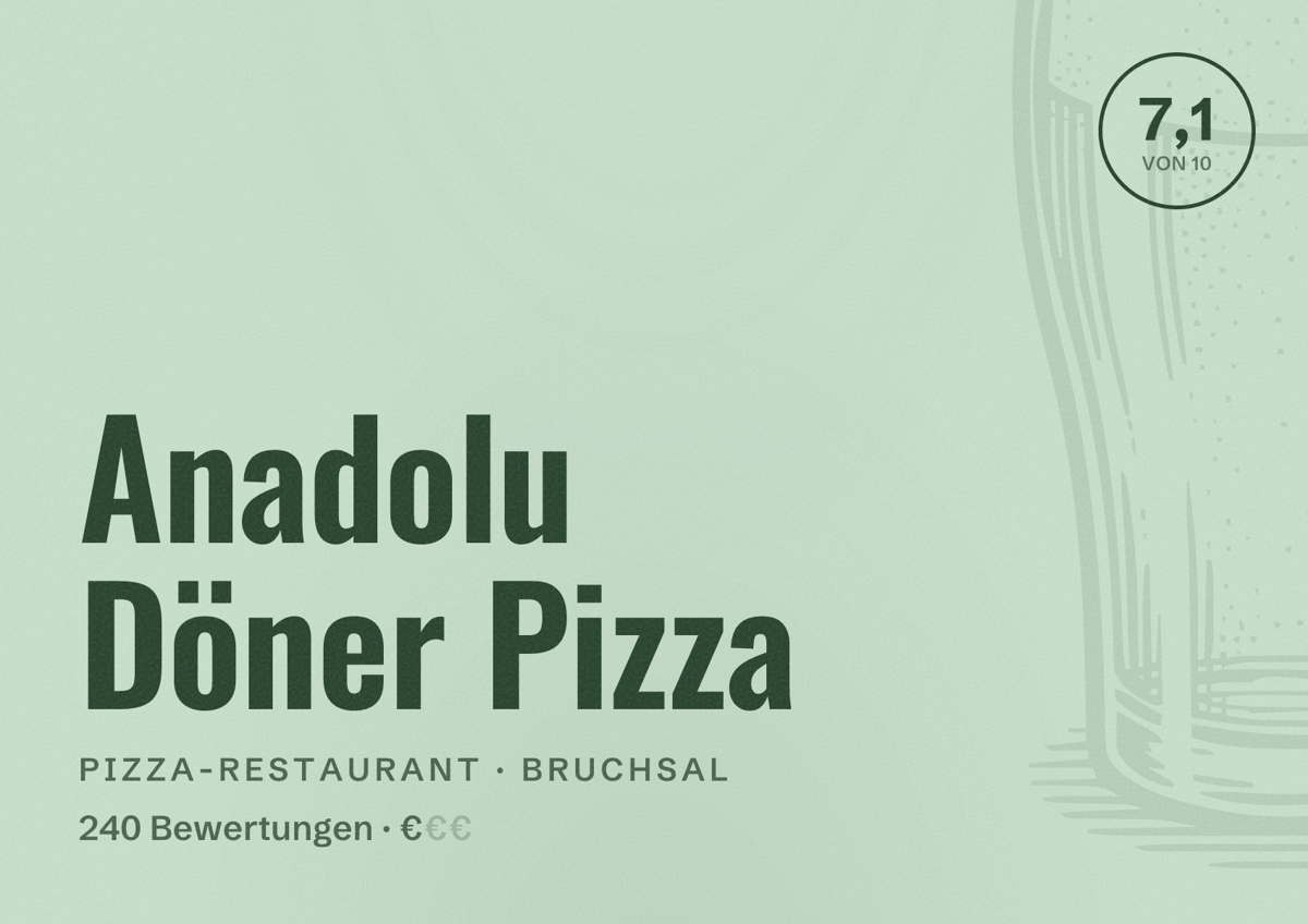 Illustriertes Poster von Anadolu Döner Pizza, Pizza-Restaurant in Bruchsal: Bewertung 7,1 von 10 aus 240 Bewertungen, Preisniveau €