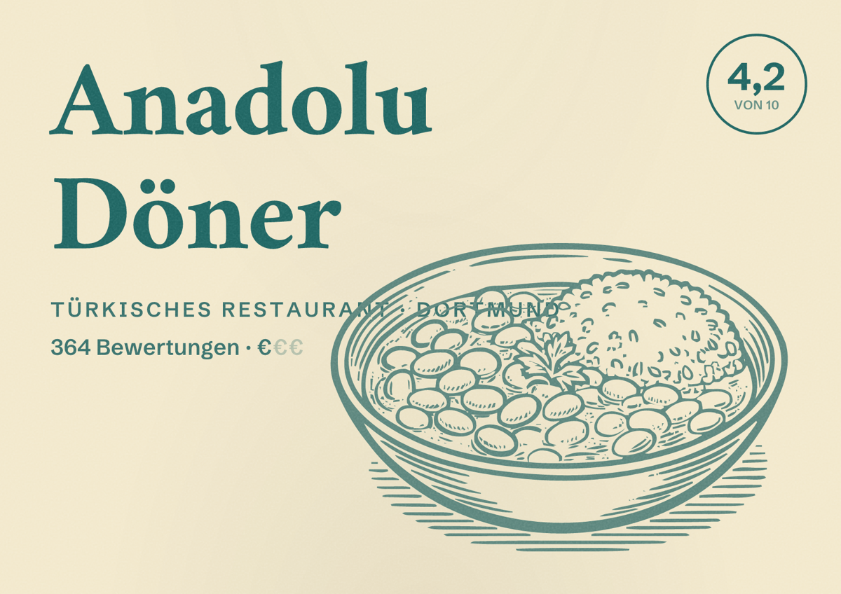 Illustriertes Poster von Anadolu Döner, Türkisches Restaurant in Dortmund: Gästebewertung 4,3 von 10 aus 364 Bewertungen