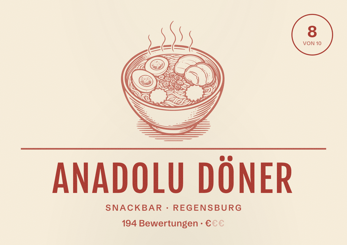 Illustriertes Poster von Anadolu Döner, Snackbar in Regensburg: Bewertung 8,0 von 10 aus 194 Bewertungen, Preisniveau €