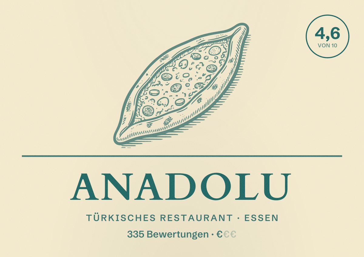 Illustriertes Poster von Anadolu, Türkisches Restaurant in Essen: Bewertung 4,6 von 10 aus 335 Bewertungen, Preisniveau €