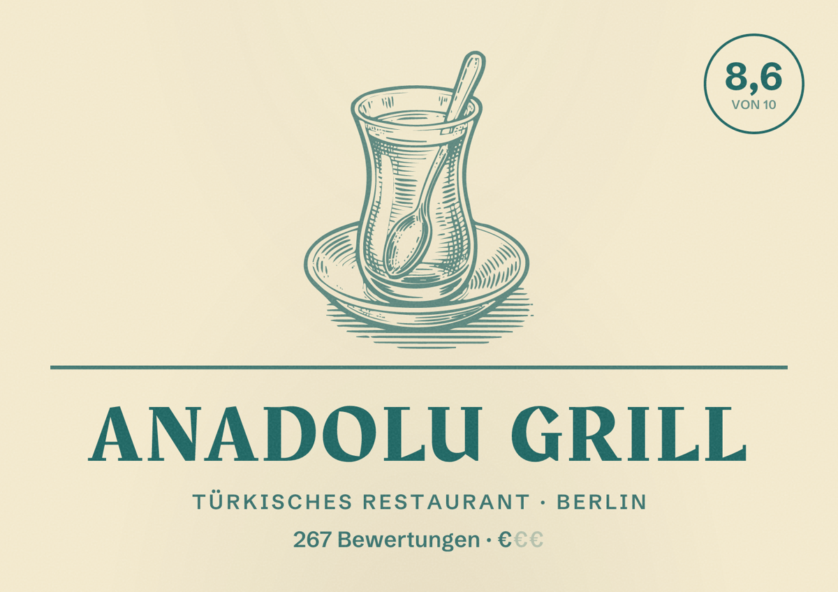 Illustriertes Poster von Anadolu Grill, Türkisches Restaurant in Berlin: Bewertung 8,6 von 10 aus 267 Bewertungen, Preisniveau €