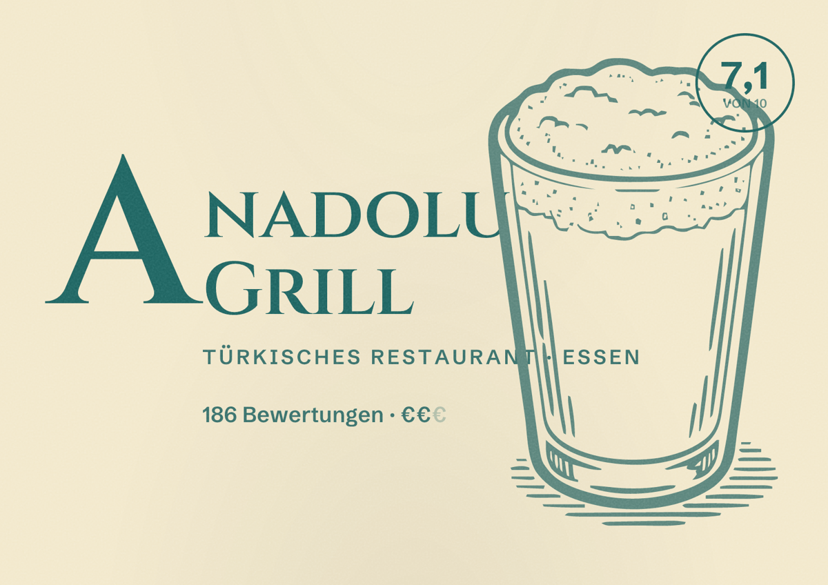 Illustriertes Poster von Anadolu Grill, Türkisches Restaurant in Essen: Gästebewertung 7,1 von 10 aus 186 Bewertungen