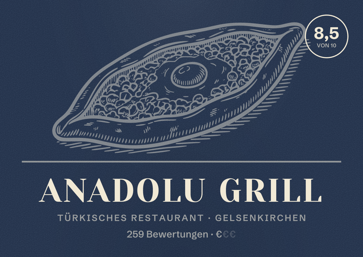 Illustriertes Poster von Anadolu Grill, Türkisches Restaurant in Gelsenkirchen: Gästebewertung 8,5 von 10 aus 259 Bewertungen