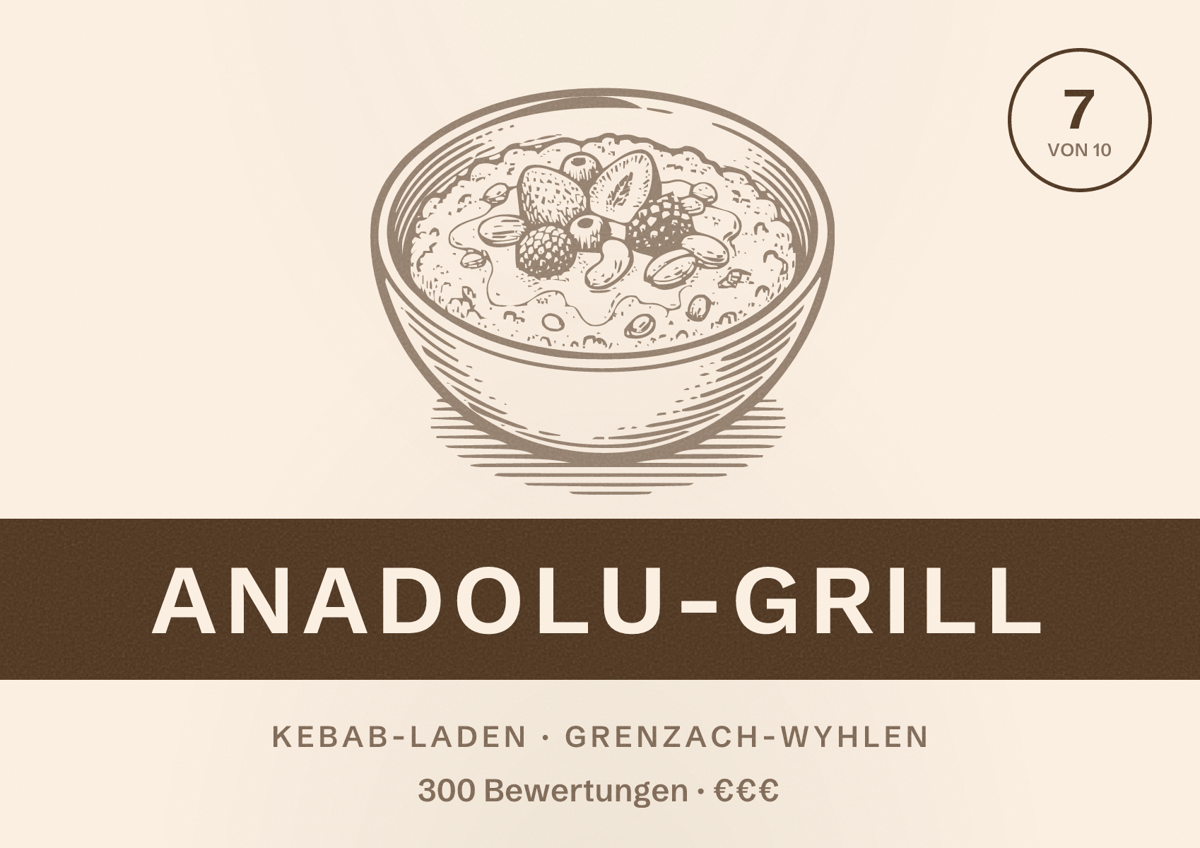 Illustriertes Poster von Anadolu-Grill, Kebab-Laden in Grenzach-Wyhlen: Bewertung 7 von 10 aus 300 Bewertungen, Preisniveau €€€