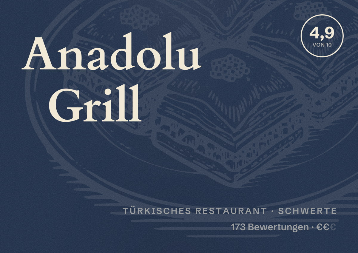 Illustriertes Poster von Anadolu Grill, Türkisches Restaurant in Schwerte: Bewertung 4,9 von 10 aus 173 Bewertungen, Preisniveau €€