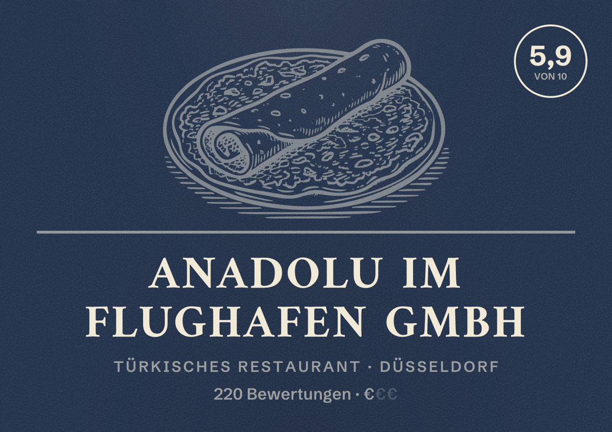 Illustriertes Poster von Anadolu im Flughafen GmbH, Türkisches Restaurant in Düsseldorf: Bewertung 5,9 von 10 aus 220 Bewertungen, Preisniveau €