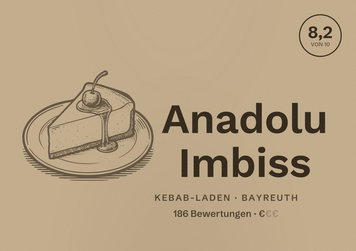 Illustriertes Poster von Anadolu Imbiss, Kebab-Laden in Bayreuth: Bewertung 8,2 von 10 aus 186 Bewertungen, Preisniveau €