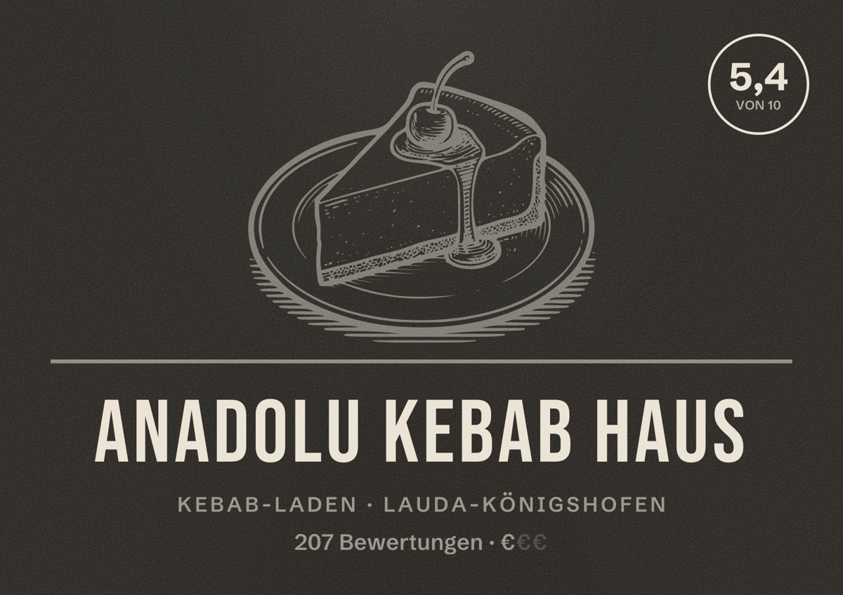 Illustriertes Poster von Anadolu Kebab Haus, Kebab-Laden in Lauda-Königshofen: Bewertung 5,4 von 10 aus 207 Bewertungen, Preisniveau €