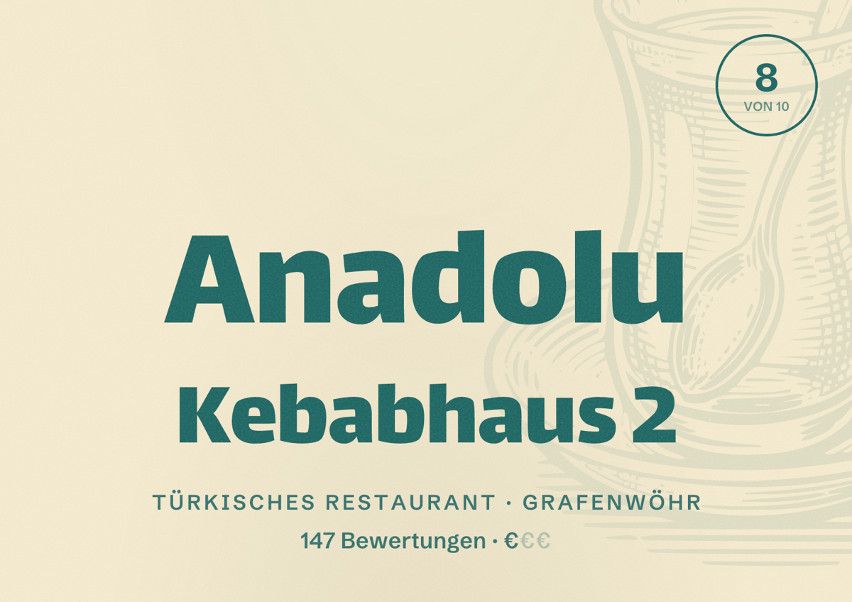 Illustriertes Poster von Anadolu Kebabhaus 2, Türkisches Restaurant in Grafenwöhr: Bewertung 8 von 10 aus 147 Bewertungen, Preisniveau €
