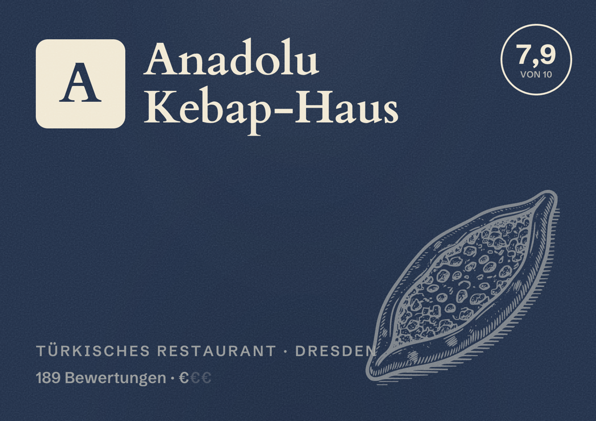 Illustriertes Poster von Anadolu Kebap-Haus, Türkisches Restaurant in Dresden: Bewertung 7,9 von 10 aus 189 Bewertungen, Preisniveau €