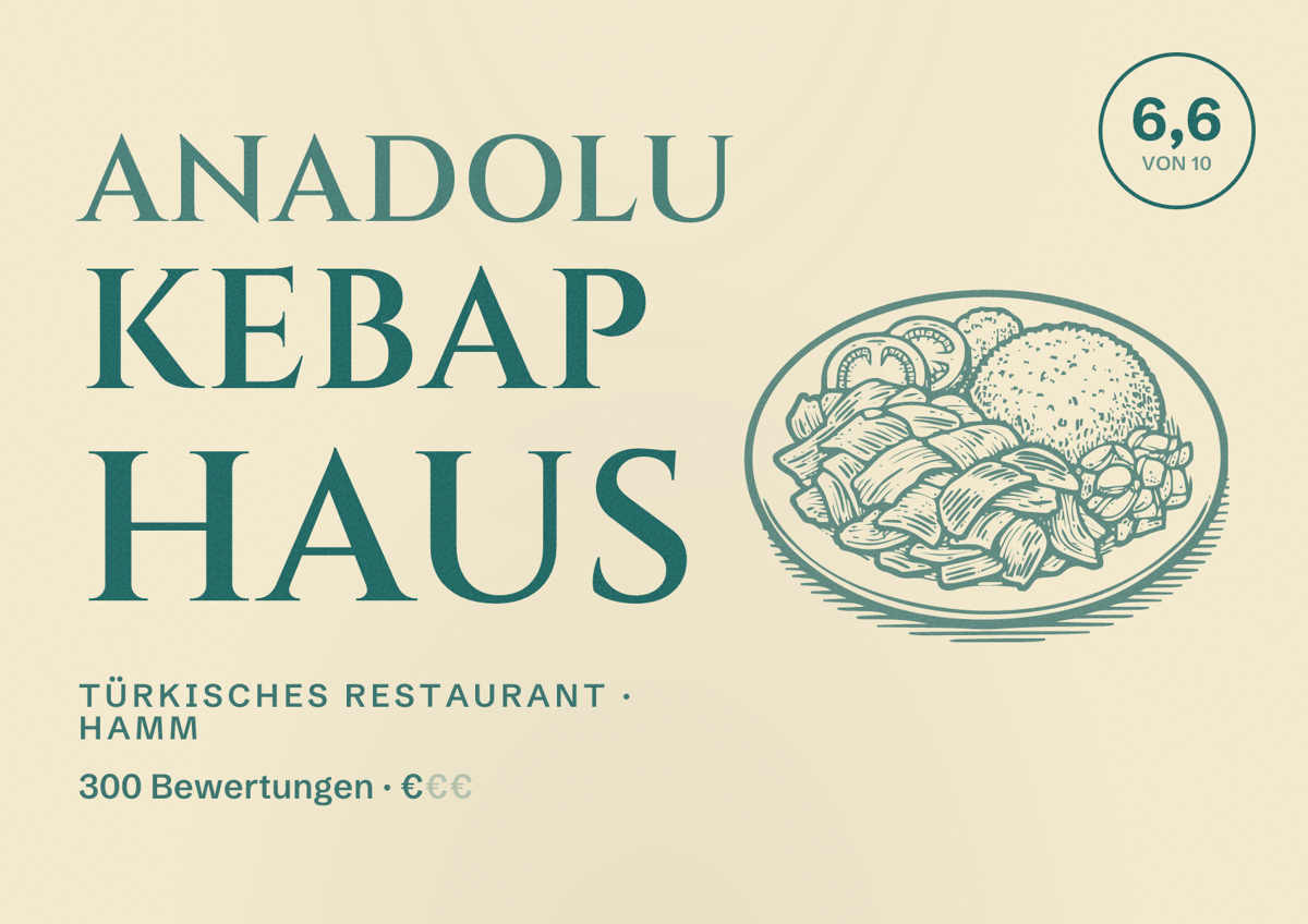 Illustriertes Poster von Anadolu Kebap Haus, Türkisches Restaurant in Hamm: Bewertung 6,6 von 10 aus 300 Bewertungen, Preisniveau €
