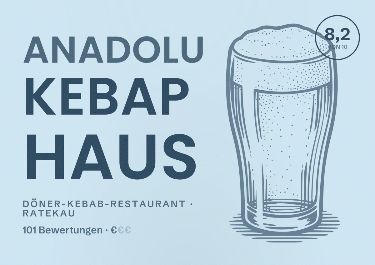 Illustriertes Poster von Anadolu Kebap Haus, Döner-Kebab-Restaurant in Ratekau: Bewertung 8,2 von 10 aus 101 Bewertungen, Preisniveau €