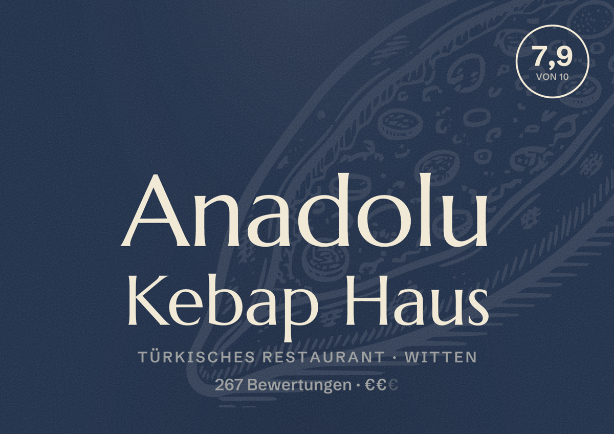 Illustriertes Poster von Anadolu Kebap Haus, Türkisches Restaurant in Witten: Gästebewertung 7,9 von 10 aus 267 Bewertungen