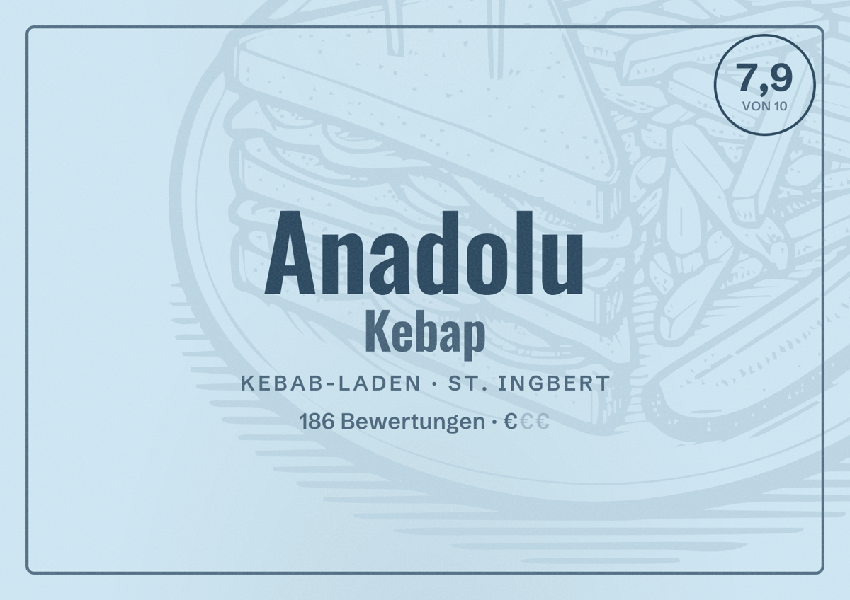 Illustriertes Poster von Anadolu Kebap, Kebab-Laden in St. Ingbert: Bewertung 7,9 von 10 aus 186 Bewertungen, Preisniveau €