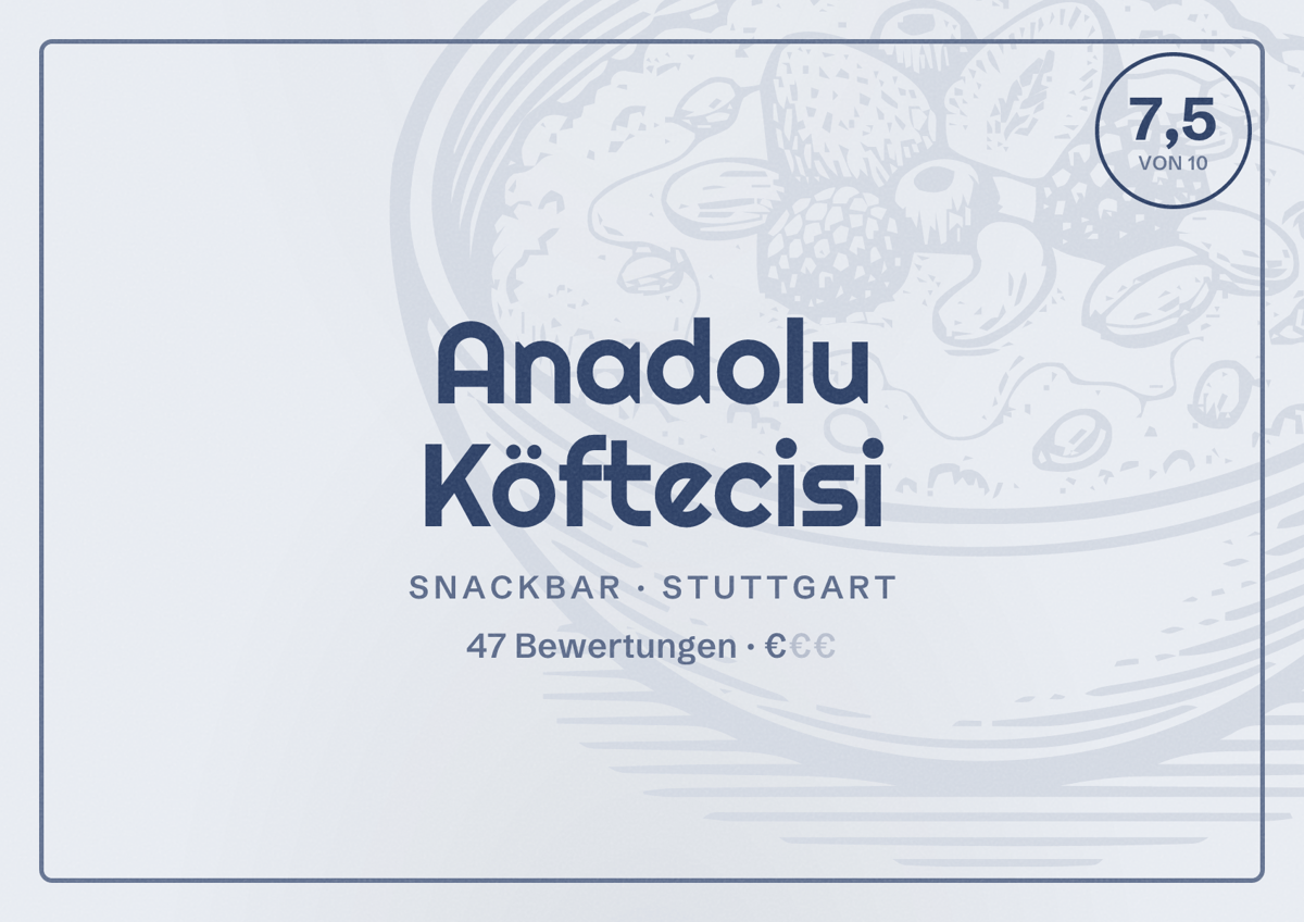 Illustriertes Poster von Anadolu Köftecisi, Snackbar in Stuttgart: Bewertung 7,5 von 10 aus 47 Bewertungen, Preisniveau €