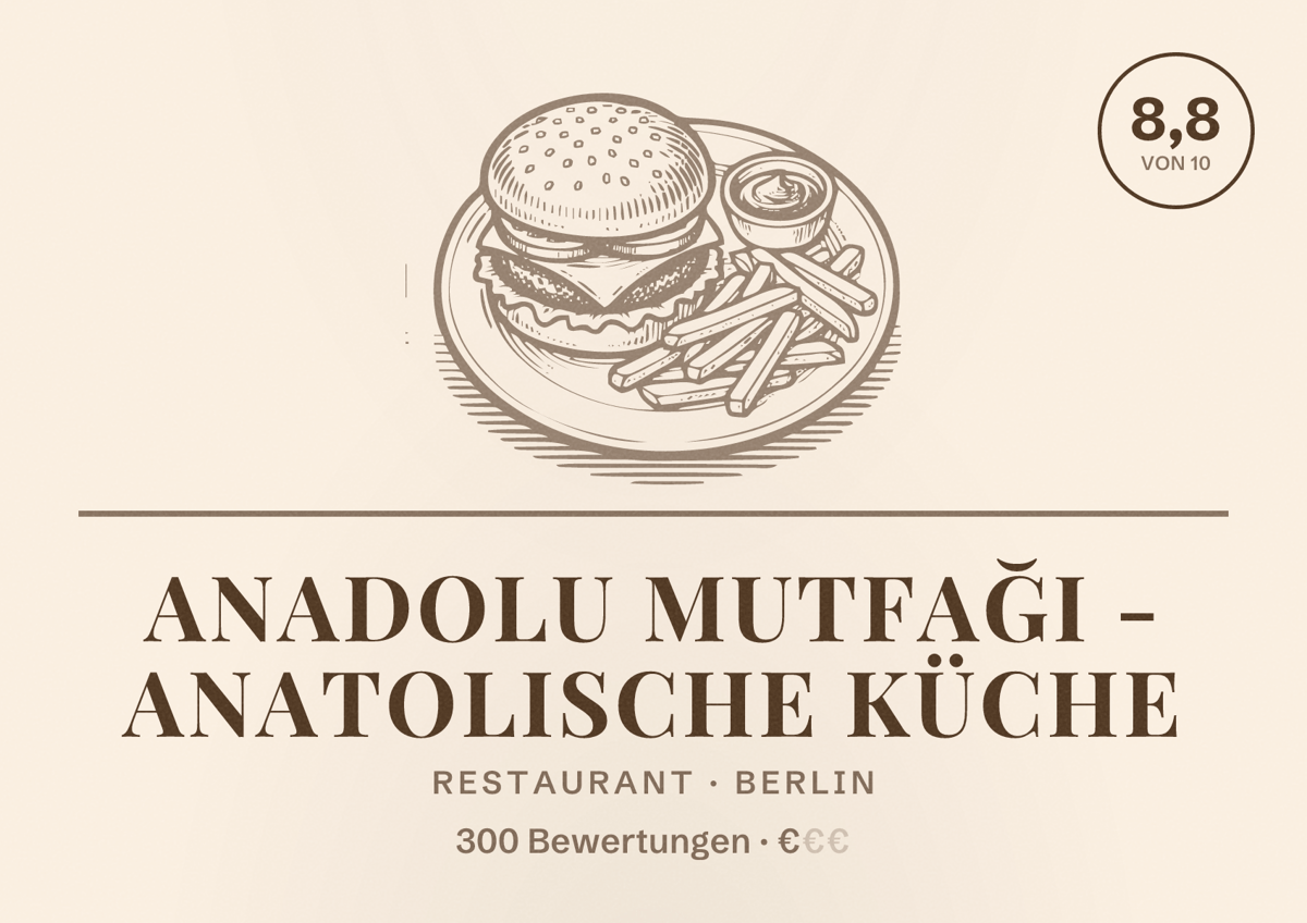 Illustriertes Poster von Anadolu Mutfağı - Anatolische Küche, Restaurant in Berlin: Bewertung 8,8 von 10 aus 300 Bewertungen, Preisniveau €