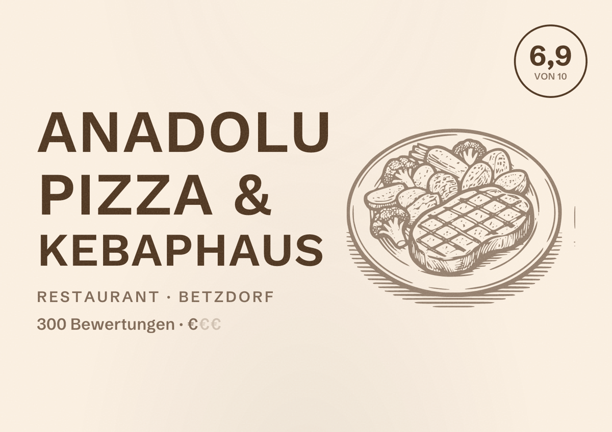 Illustriertes Poster von Anadolu Pizza & Kebaphaus, Restaurant in Betzdorf: Bewertung 6,9 von 10 aus 300 Bewertungen, Preisniveau €