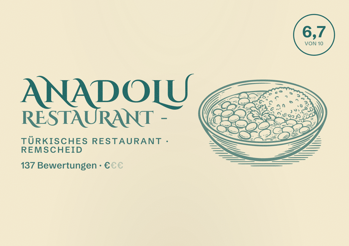 Illustriertes Poster von Anadolu Restaurant -, Türkisches Restaurant in Remscheid: Bewertung 6,7 von 10 aus 137 Bewertungen, Preisniveau €