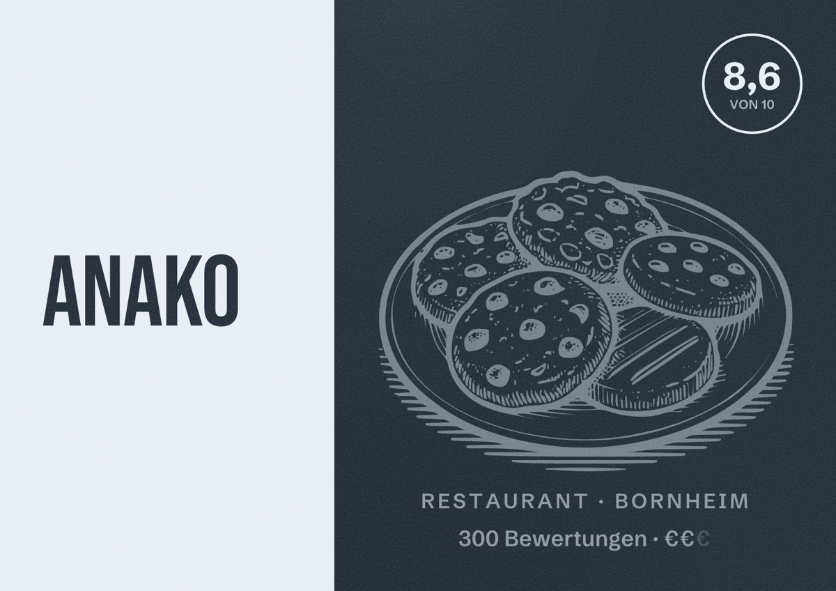Illustriertes Poster von Anako, Restaurant in Bornheim: Bewertung 8,6 von 10 aus 300 Bewertungen, Preisniveau €€