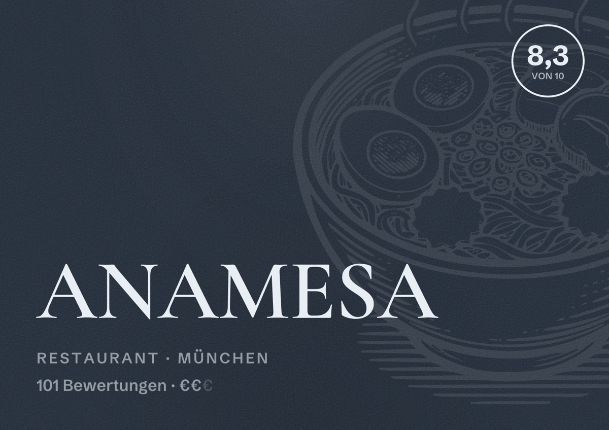 Illustriertes Poster von ANAMESA, Restaurant in München: Bewertung 8,3 von 10 aus 101 Bewertungen, Preisniveau €€
