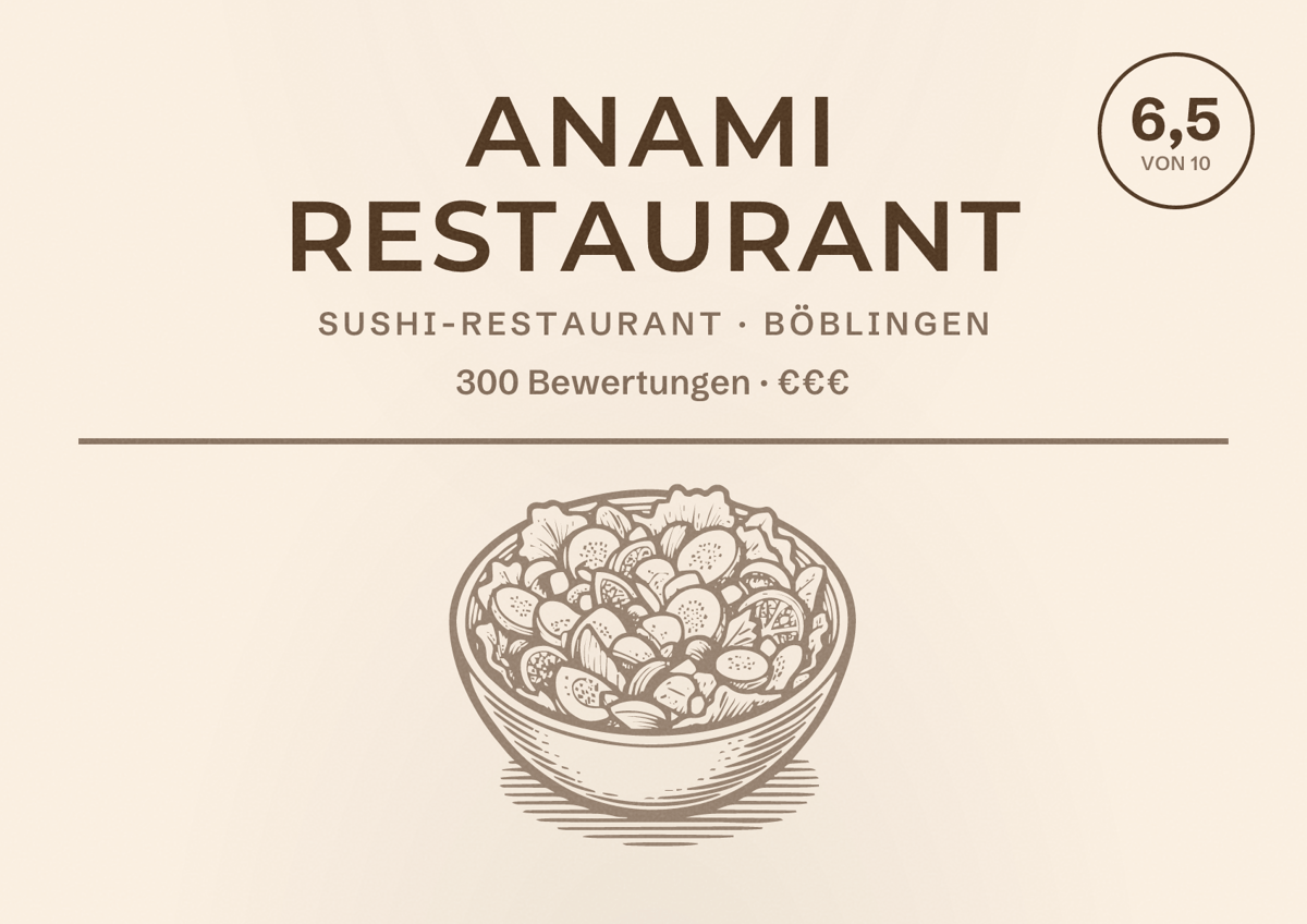 Illustriertes Poster von Anami Restaurant, Sushi-Restaurant in Böblingen: Bewertung 6,5 von 10 aus 300 Bewertungen, Preisniveau €€€