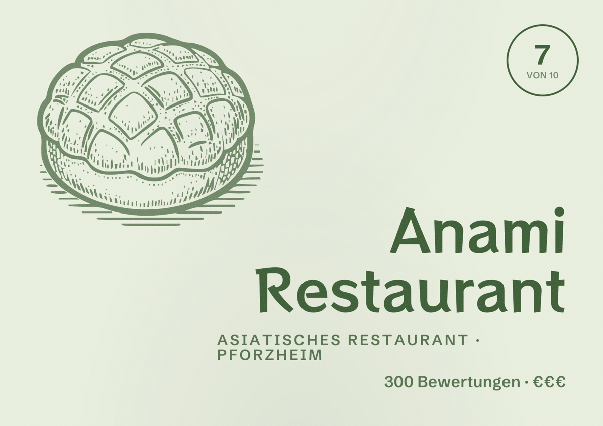 Illustriertes Poster von Anami Restaurant, Asiatisches Restaurant in Pforzheim: Bewertung 7 von 10 aus 300 Bewertungen, Preisniveau €€€