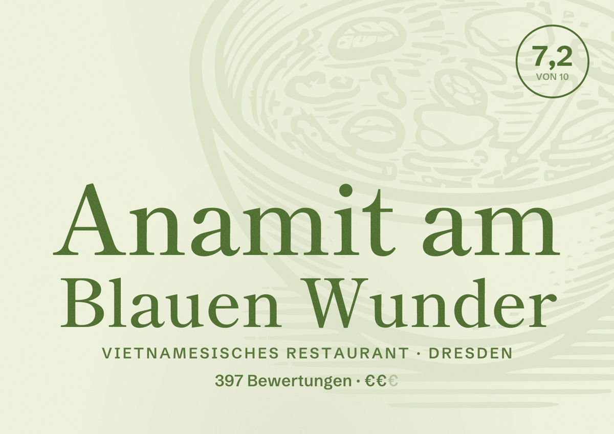Illustriertes Poster von Anamit am Blauen Wunder, Vietnamesisches Restaurant in Dresden: Bewertung 7,2 von 10 aus 397 Bewertungen, Preisniveau €€