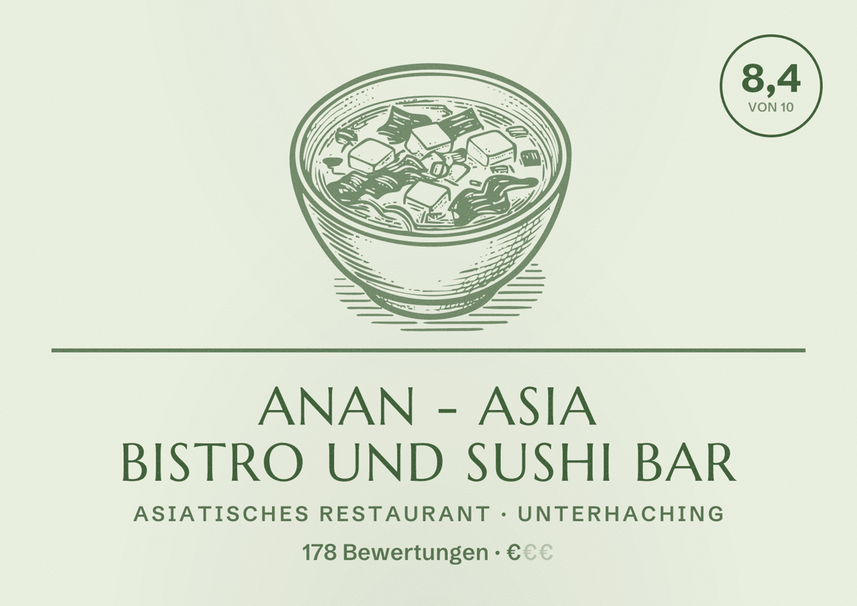 Illustriertes Poster von AnAn - Asia Bistro und Sushi Bar, Asiatisches Restaurant in Unterhaching: Bewertung 8,4 von 10 aus 178 Bewertungen, Preisniveau €