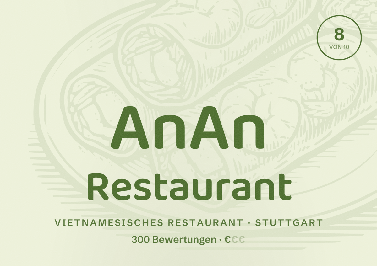 Illustriertes Poster von AnAn Restaurant, Vietnamesisches Restaurant in Stuttgart: Bewertung 8 von 10 aus 300 Bewertungen, Preisniveau €