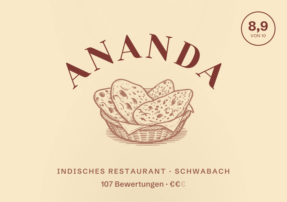 Illustriertes Poster von Ananda, Indisches Restaurant in Schwabach: Bewertung 8,9 von 10 aus 107 Bewertungen, Preisniveau €€