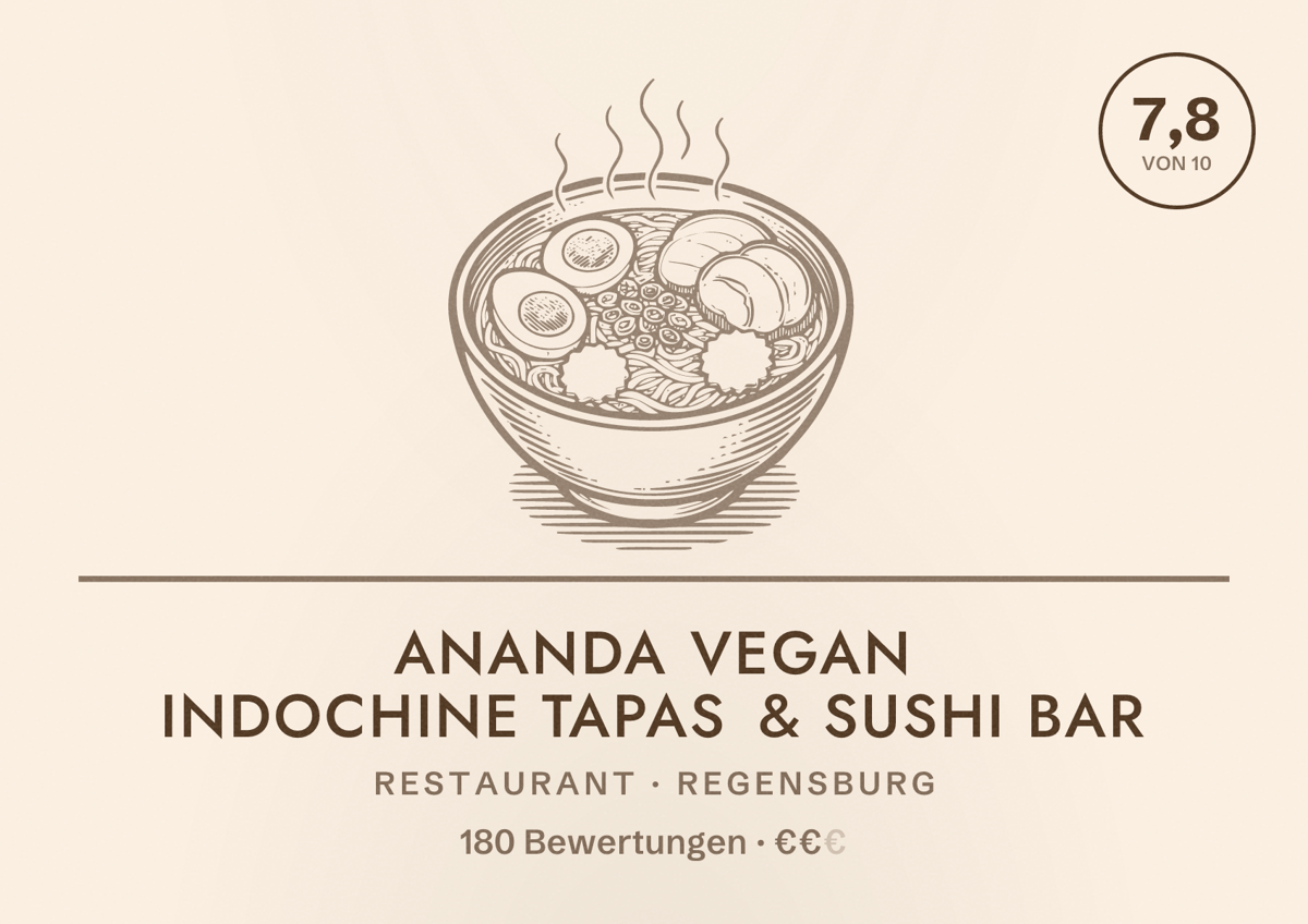 Illustriertes Poster von Ananda Vegan Indochine Tapas & Sushi Bar, Restaurant in Regensburg: Bewertung 7,8 von 10 aus 180 Bewertungen, Preisniveau €€