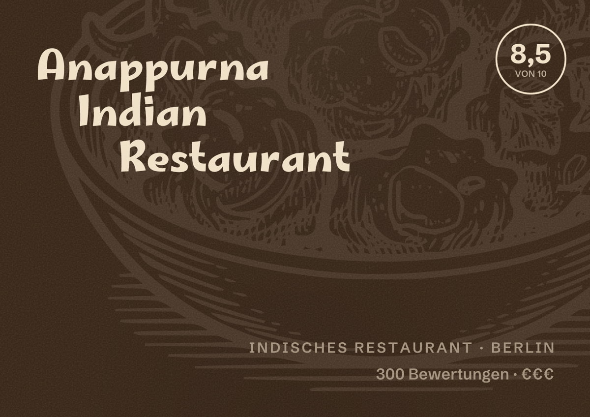Illustriertes Poster von Anappurna Indian Restaurant, Indisches Restaurant in Berlin: Bewertung 8,5 von 10 aus 300 Bewertungen, Preisniveau €€€